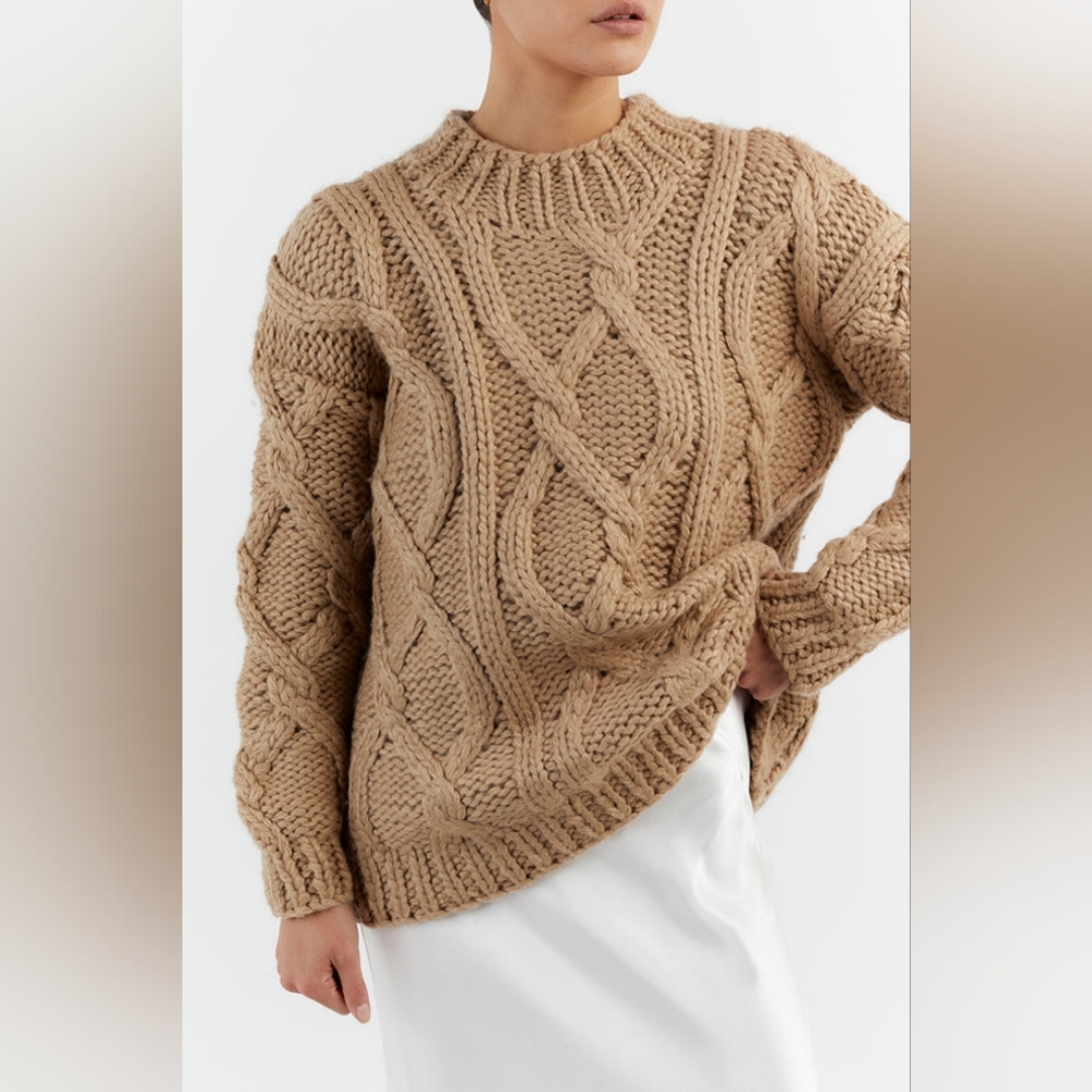 Dissh Ellis Oat Chunky Cable Knit Jumper, Tan Natural Wool Viscose Sweater, XS/S - Picture 3 of 8